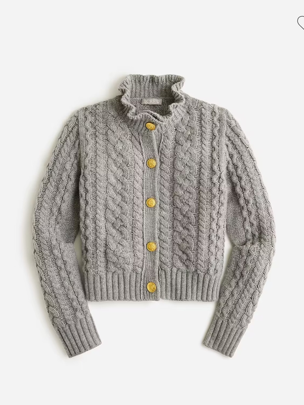 J. Crew Gray Cable-Knit Ruffle Collar Cardigan with Gold Buttons